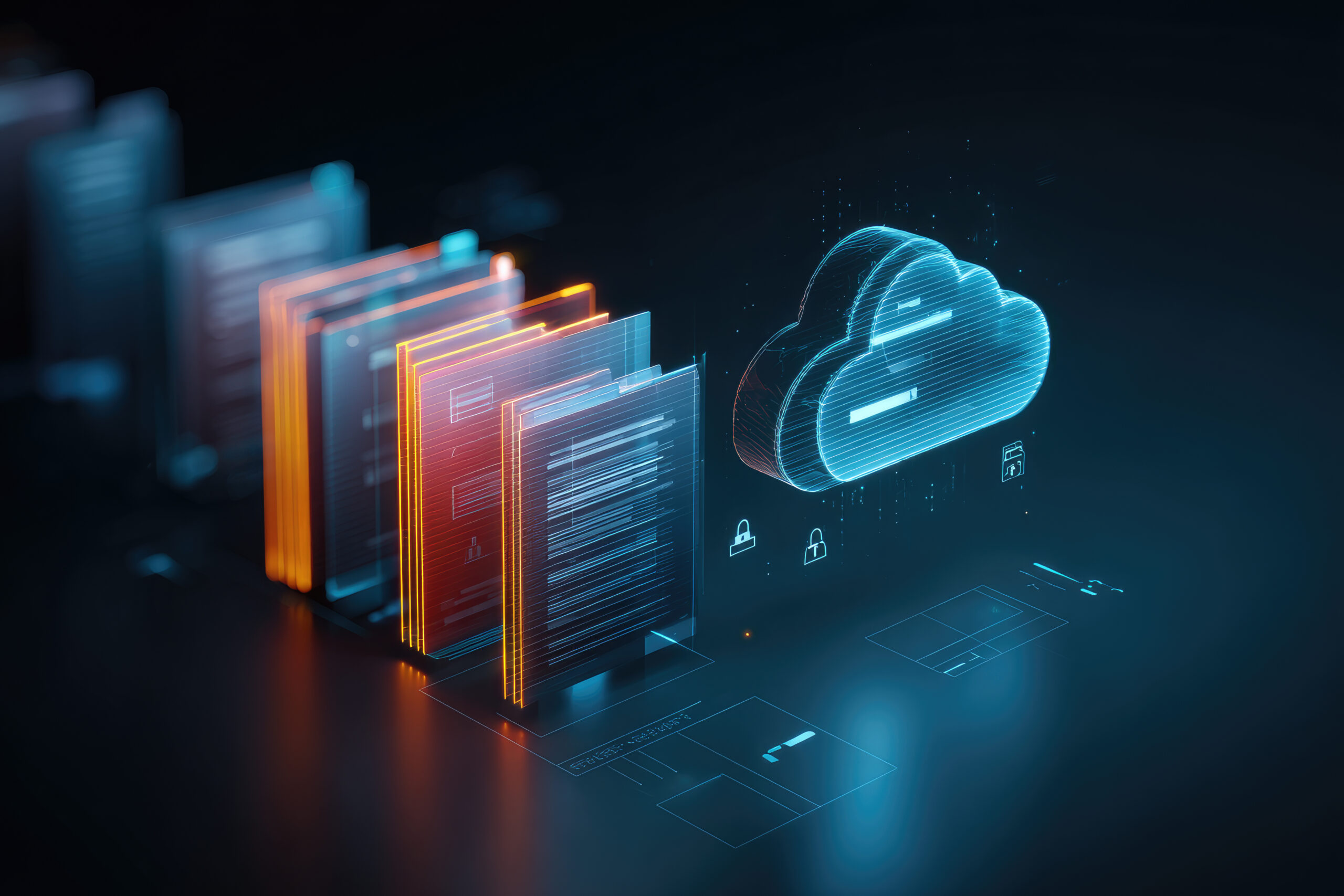 Digital illustration of networked file servers connected to a secure cloud storage system with encryption locks.