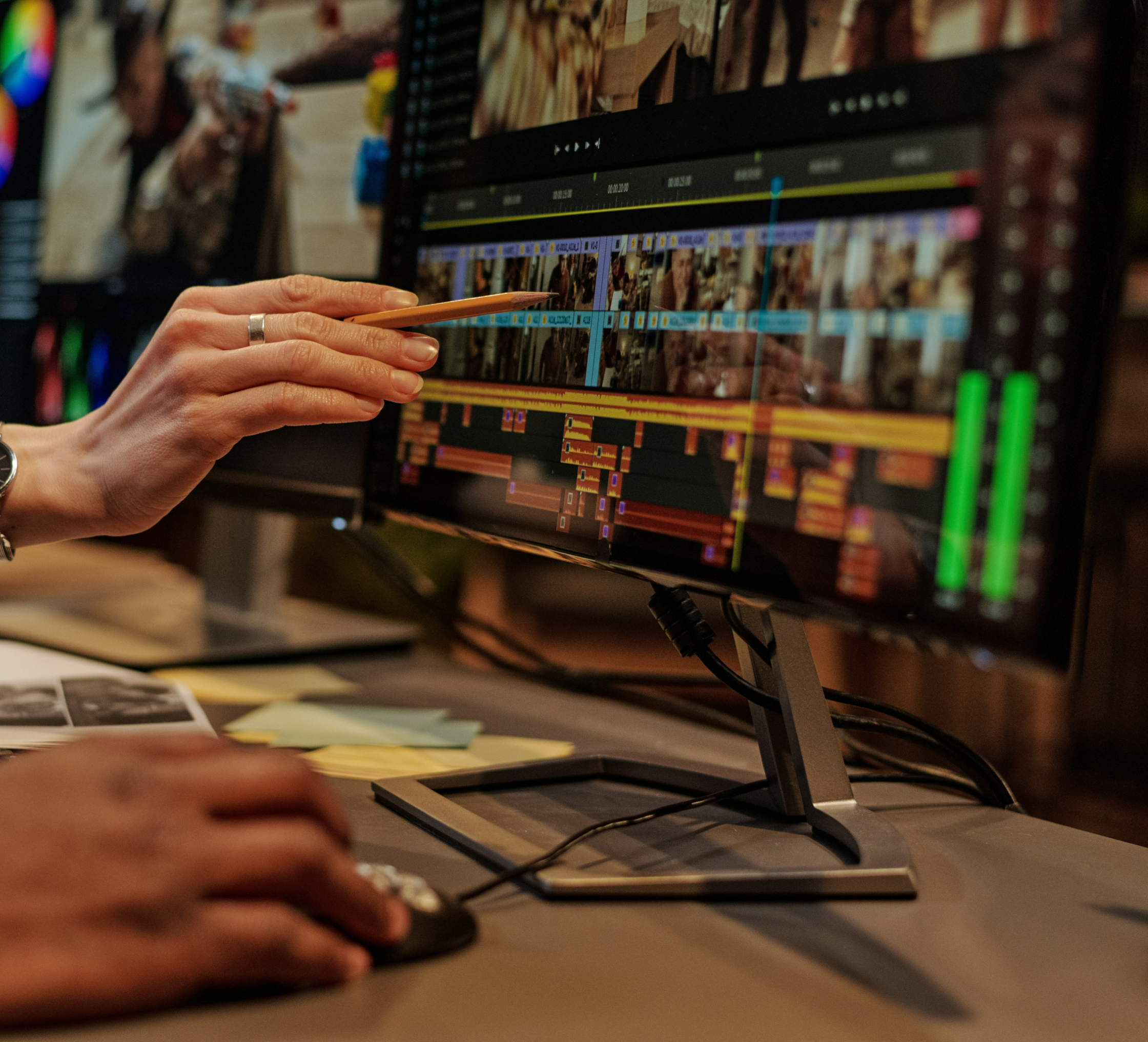 Background About Us — editor reviewing video footage on timeline software during post-production work.