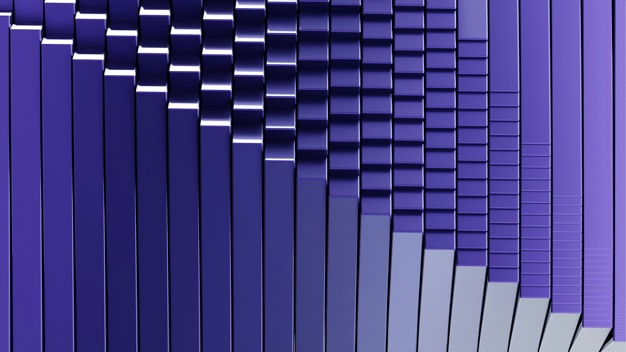 Shubham Dhage — abstract three-dimensional bars in gradient purple and white tones arranged in a diagonal wave pattern.