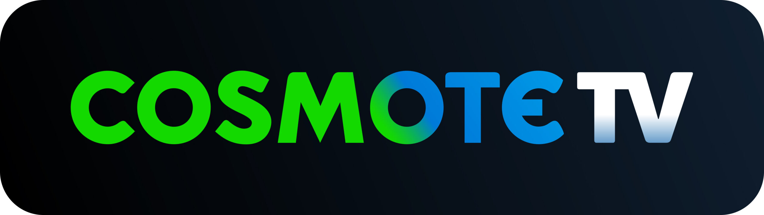 COSMOTE TV logo in green, blue and white text on dark background.