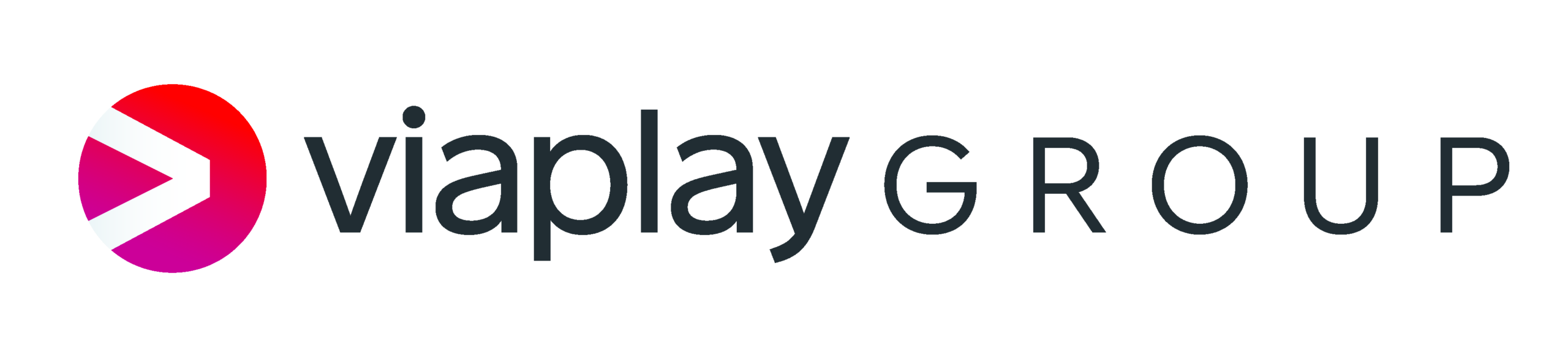 Viaplay Group logo with red and magenta play symbol and dark text wordmark.