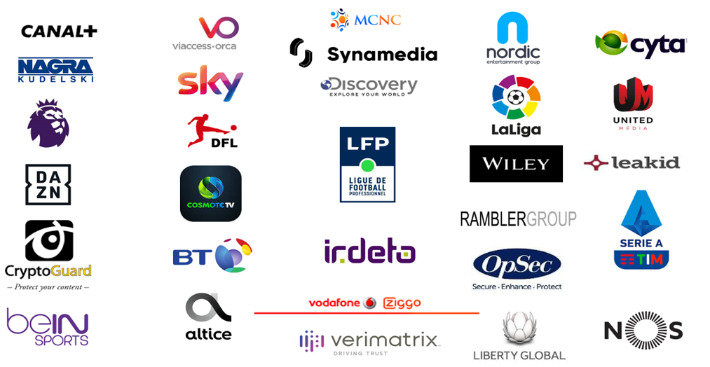 Collection of company logos from rights owners, broadcasters, and technology providers operating in the audiovisual sector across Europe.