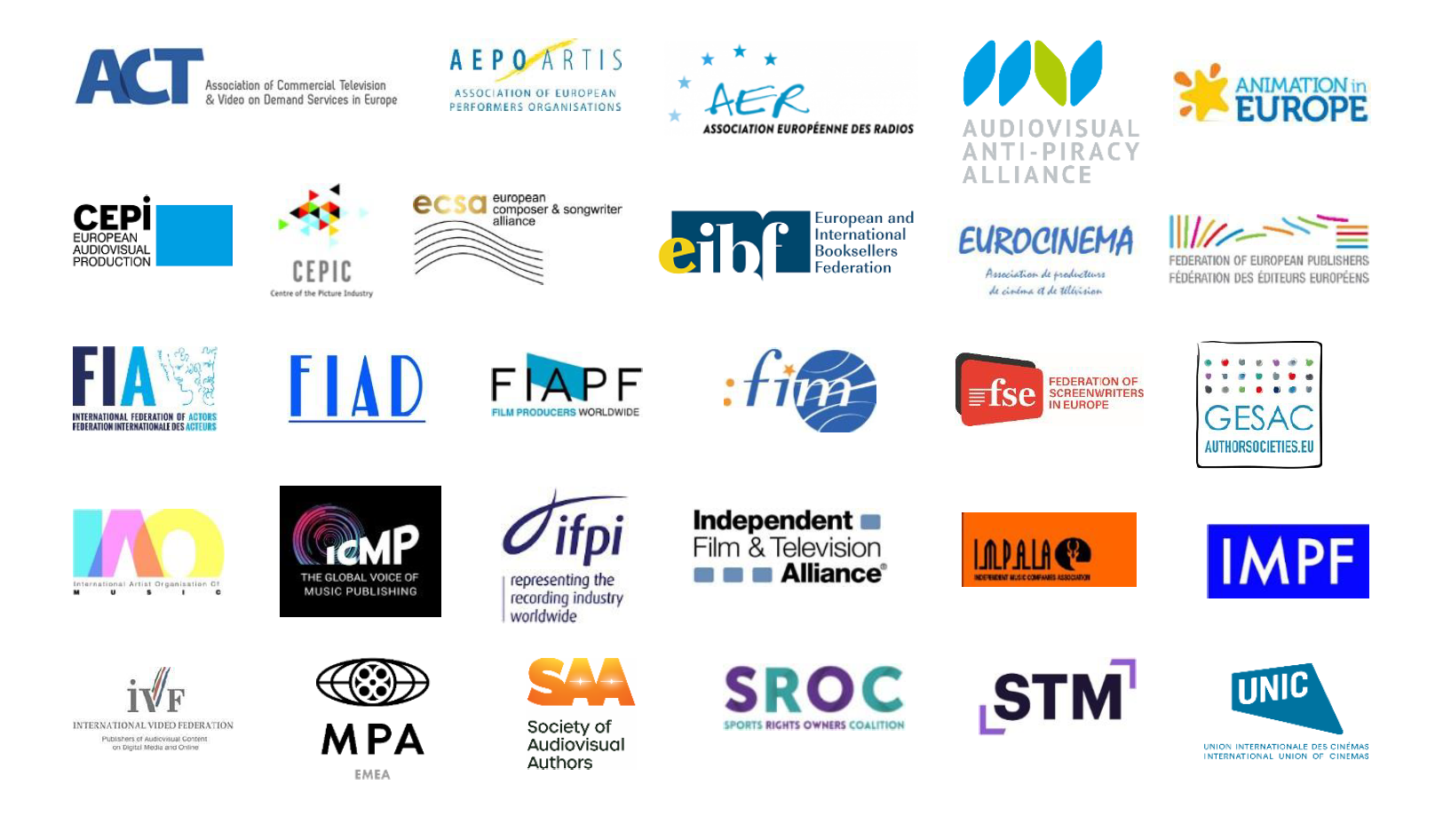 Logos of international organisations representing rights owners, broadcasters and security technology companies affiliated with AAPA.