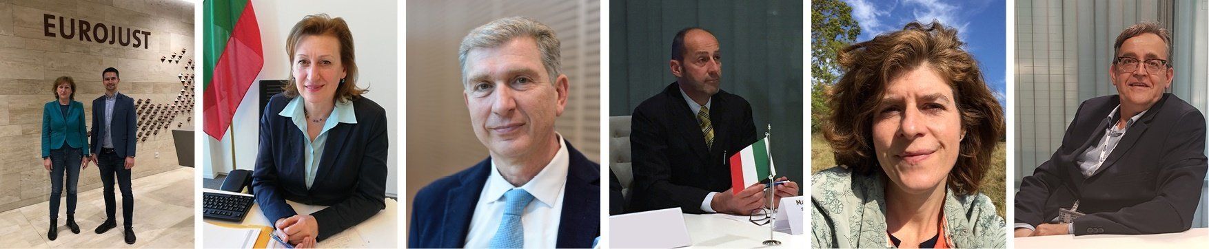 Six portraits of professionals in institutional settings, including an individual at Eurojust and others in formal business attire.