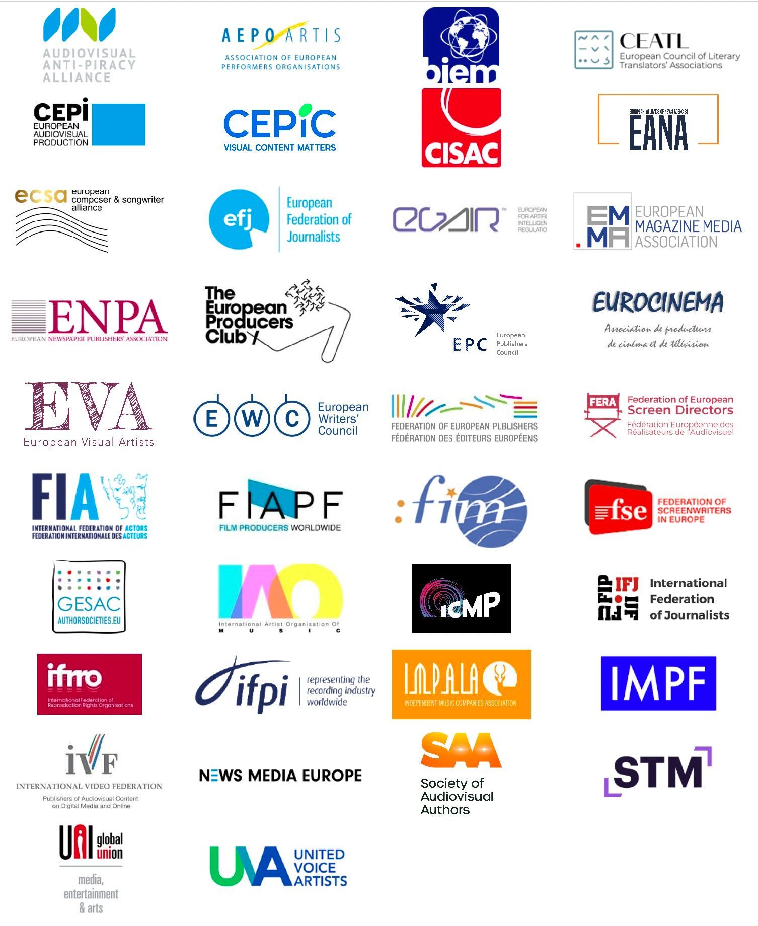 AAPA et organisations membres représentant les producteurs, les diffuseurs, les auteurs et les créateurs de services audiovisuels protégés en Europe.